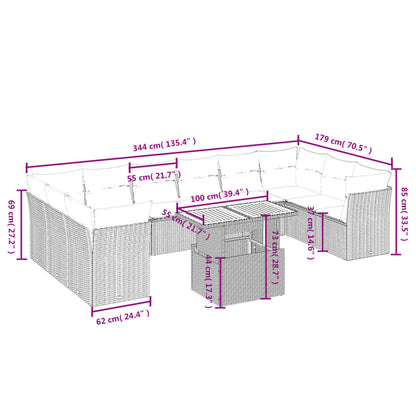 11-tlg. Garten-Sofagarnitur mit Kissen Schwarz Poly Rattan