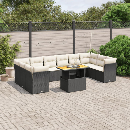 11-tlg. Garten-Sofagarnitur mit Kissen Schwarz Poly Rattan