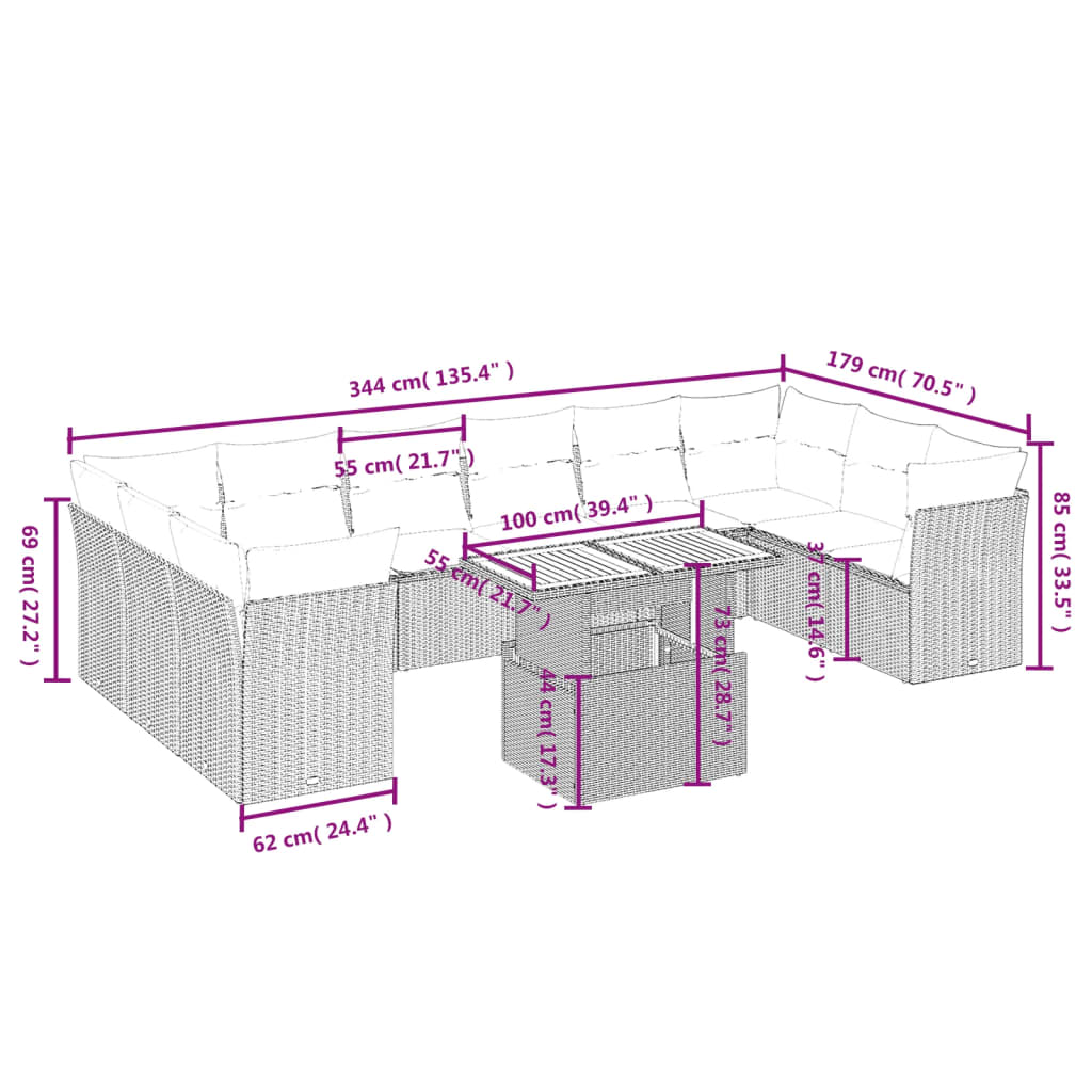 11-tlg. Garten-Sofagarnitur mit Kissen Grau Poly Rattan