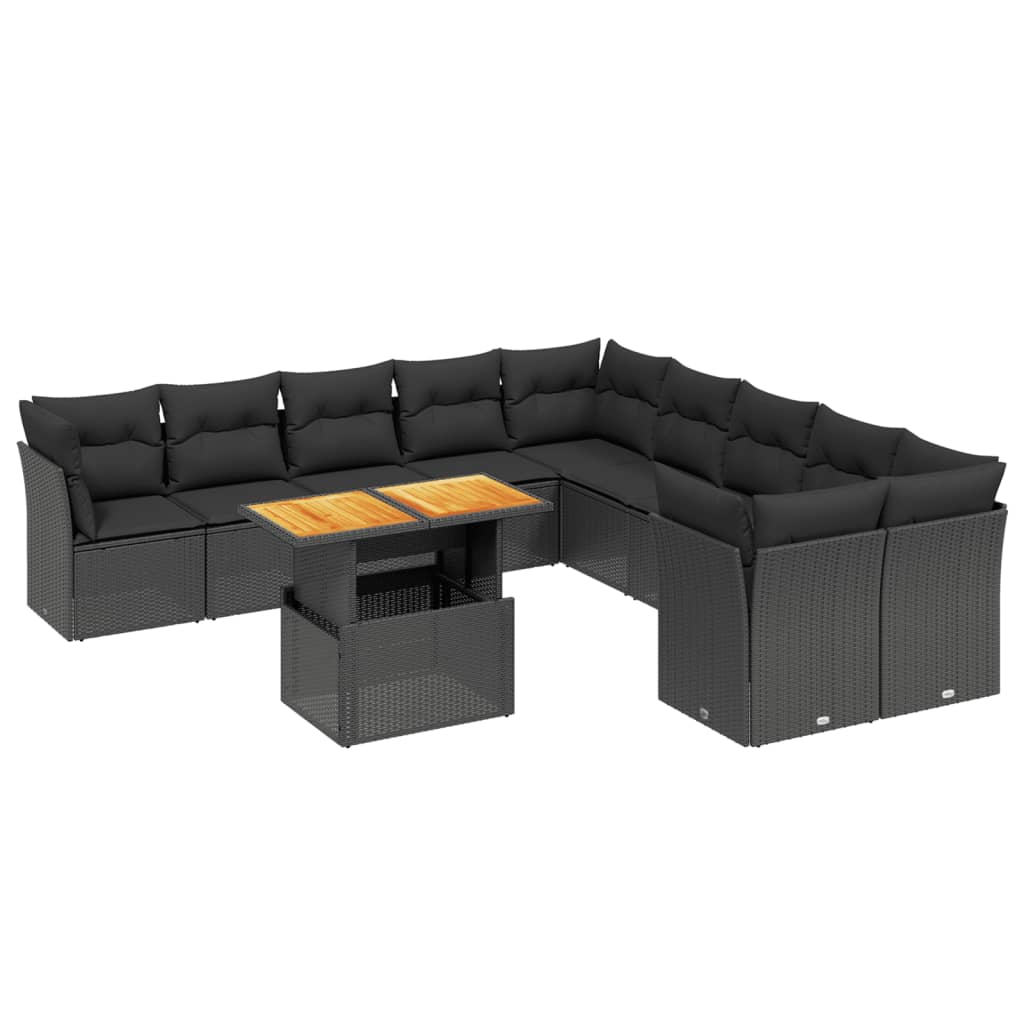 11-tlg. Garten-Sofagarnitur mit Kissen Schwarz Poly Rattan