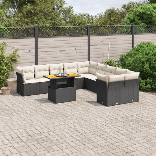 11-tlg. Garten-Sofagarnitur mit Kissen Schwarz Poly Rattan