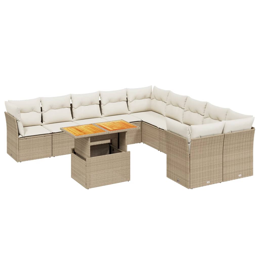 11-tlg. Garten-Sofagarnitur mit Kissen Beige Poly Rattan