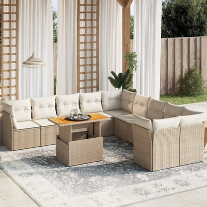 11-tlg. Garten-Sofagarnitur mit Kissen Beige Poly Rattan