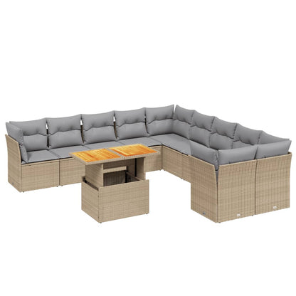 11-tlg. Garten-Sofagarnitur mit Kissen Beige Poly Rattan