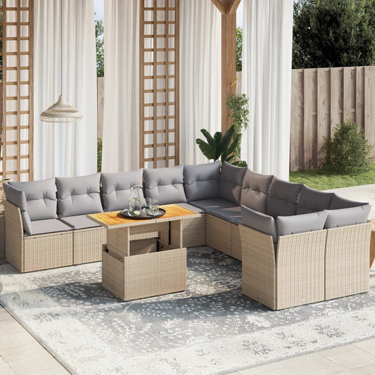 11-tlg. Garten-Sofagarnitur mit Kissen Beige Poly Rattan