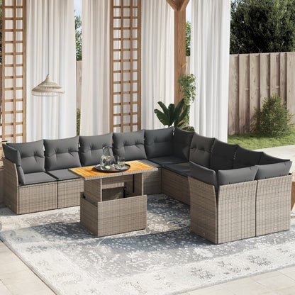 11-tlg. Garten-Sofagarnitur mit Kissen Grau Poly Rattan