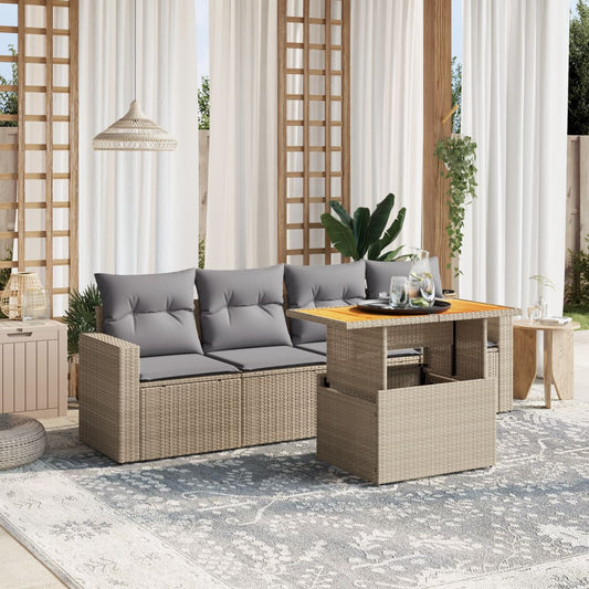 5-tlg. Garten-Sofagarnitur mit Kissen Beige Poly Rattan