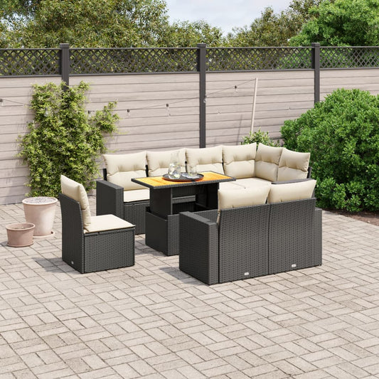 9-tlg. Garten-Sofagarnitur mit Kissen Schwarz Poly Rattan