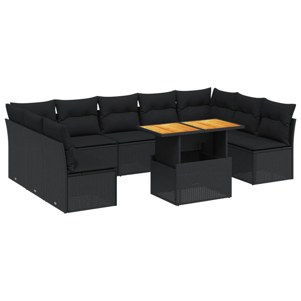 10-tlg. Garten-Sofagarnitur mit Kissen Schwarz Poly Rattan