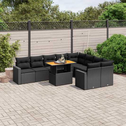 10-tlg. Garten-Sofagarnitur mit Kissen Schwarz Poly Rattan