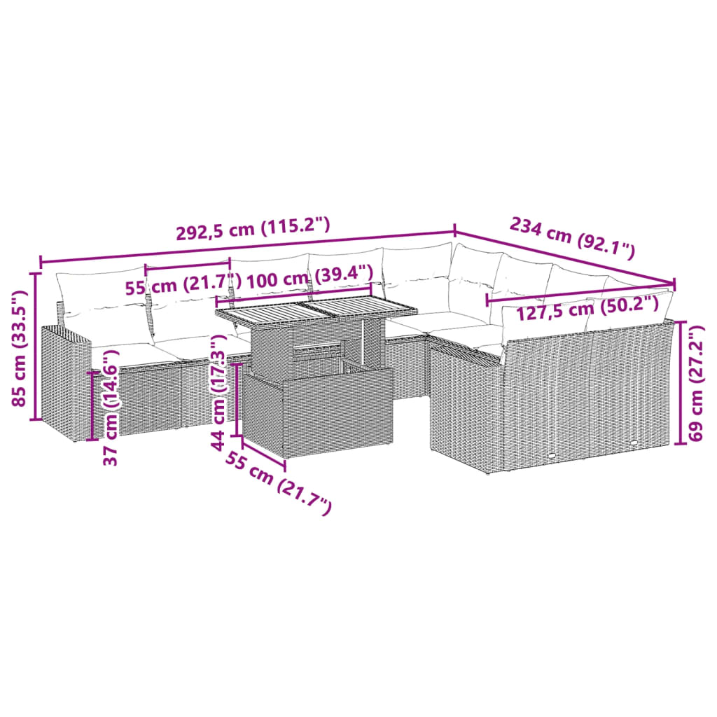 10-tlg. Garten-Sofagarnitur mit Kissen Schwarz Poly Rattan