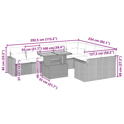 10-tlg. Garten-Sofagarnitur mit Kissen Schwarz Poly Rattan