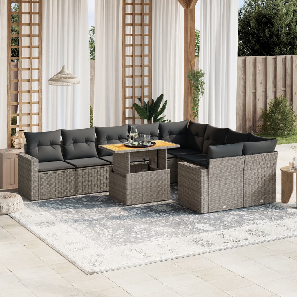 10-tlg. Garten-Sofagarnitur mit Kissen Grau Poly Rattan