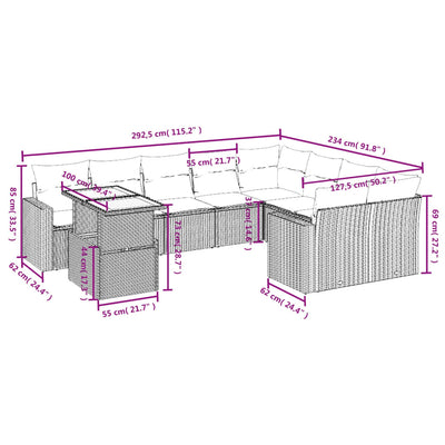 10-tlg. Garten-Sofagarnitur mit Kissen Schwarz Poly Rattan