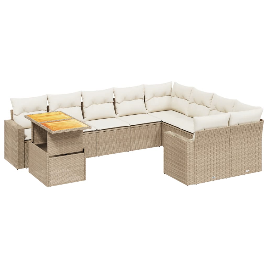 10-tlg. Garten-Sofagarnitur mit Kissen Beige Poly Rattan