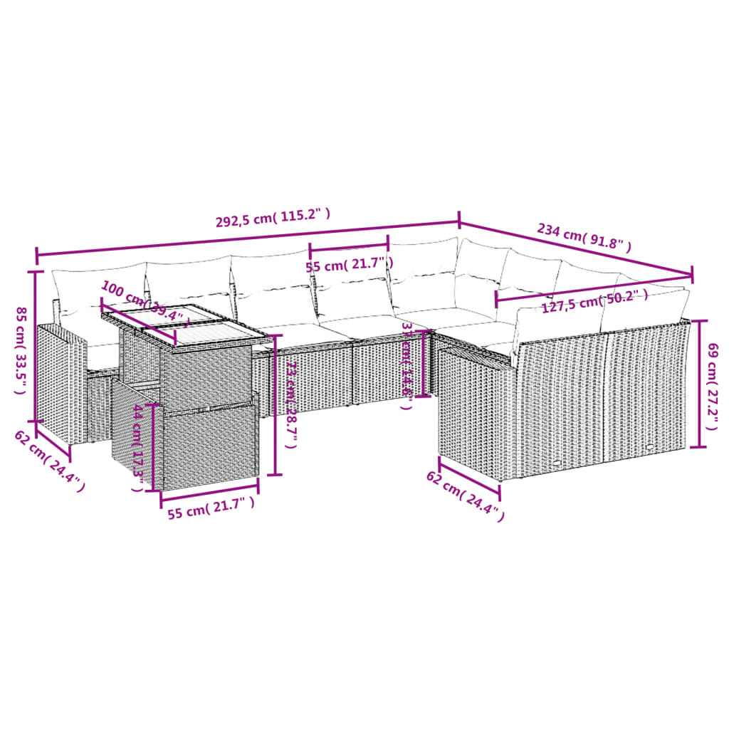 10-tlg. Garten-Sofagarnitur mit Kissen Beige Poly Rattan