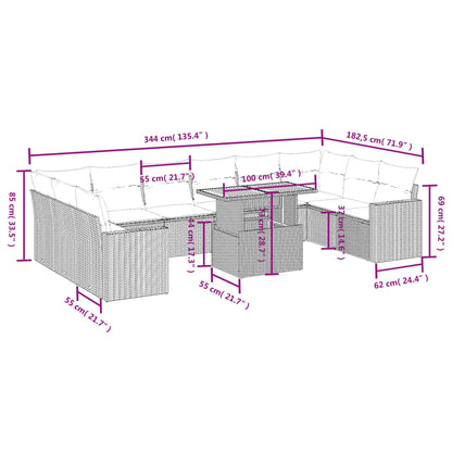 11-tlg. Garten-Sofagarnitur mit Kissen Schwarz Poly Rattan