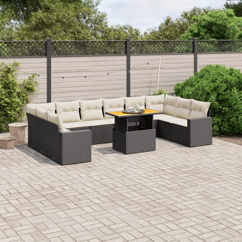 11-tlg. Garten-Sofagarnitur mit Kissen Schwarz Poly Rattan