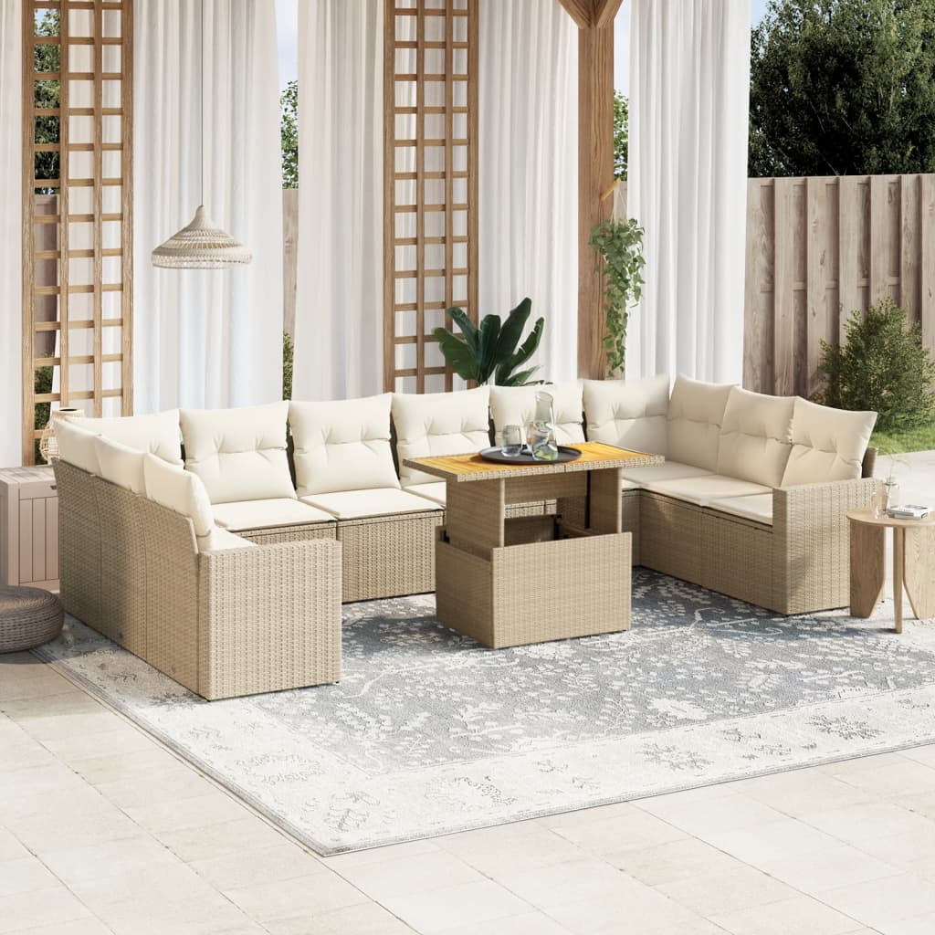 11-tlg. Garten-Sofagarnitur mit Kissen Beige Poly Rattan