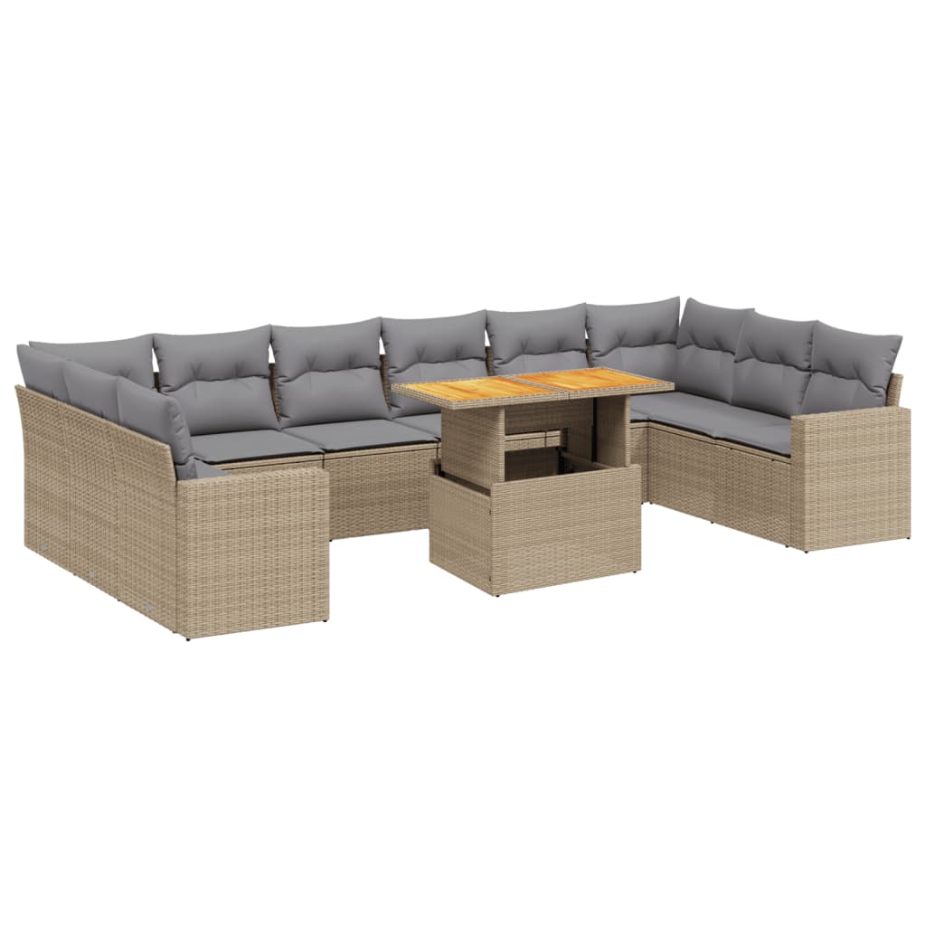 11-tlg. Garten-Sofagarnitur mit Kissen Beige Poly Rattan