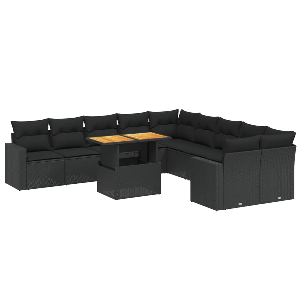 11-tlg. Garten-Sofagarnitur mit Kissen Schwarz Poly Rattan