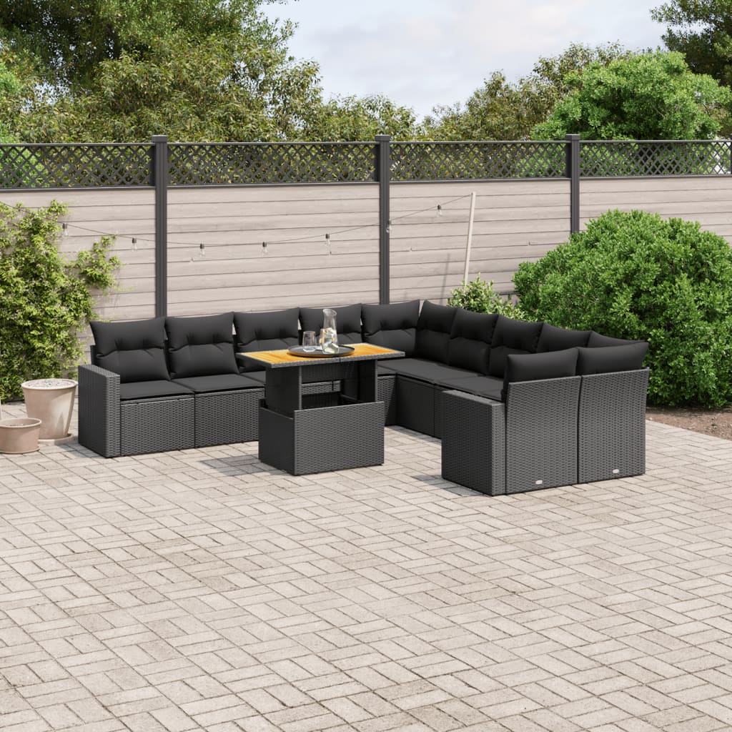 11-tlg. Garten-Sofagarnitur mit Kissen Schwarz Poly Rattan