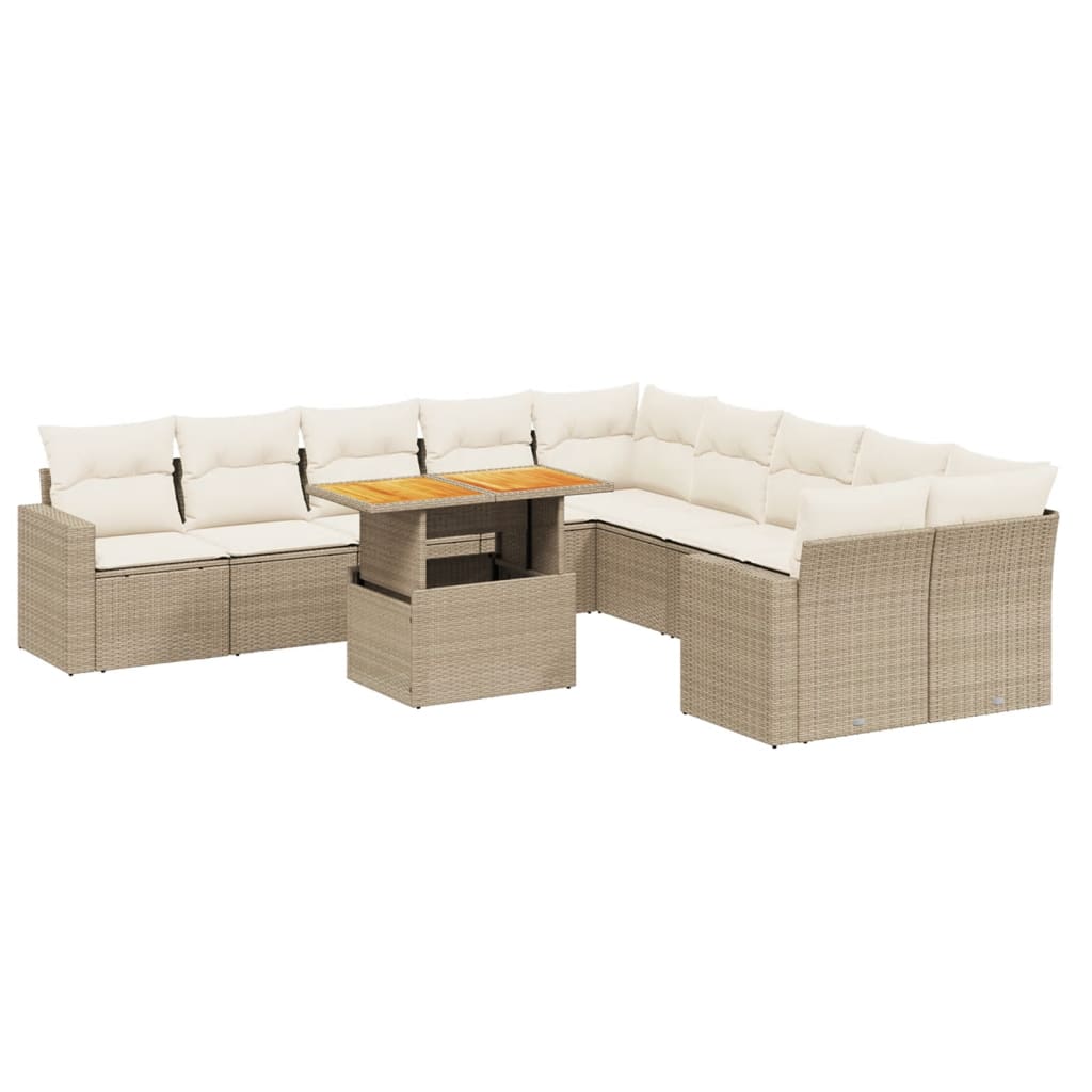 11-tlg. Garten-Sofagarnitur mit Kissen Beige Poly Rattan