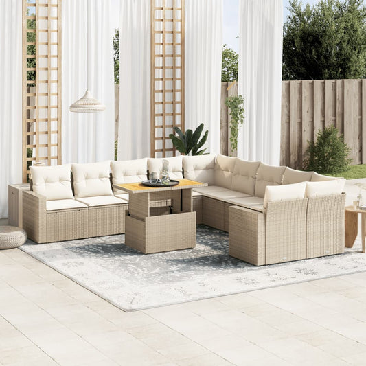 11-tlg. Garten-Sofagarnitur mit Kissen Beige Poly Rattan