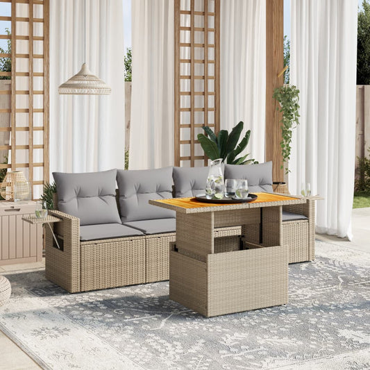 5-tlg. Garten-Sofagarnitur mit Kissen Beige Poly Rattan