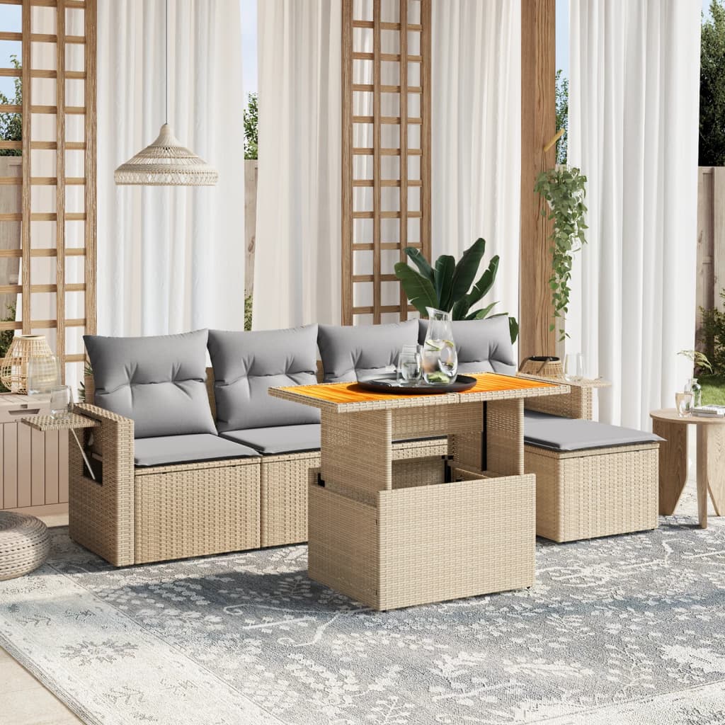 6-tlg. Garten-Sofagarnitur mit Kissen Beige Poly Rattan