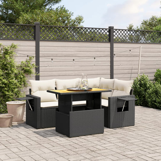 5-tlg. Garten-Sofagarnitur mit Kissen Schwarz Poly Rattan