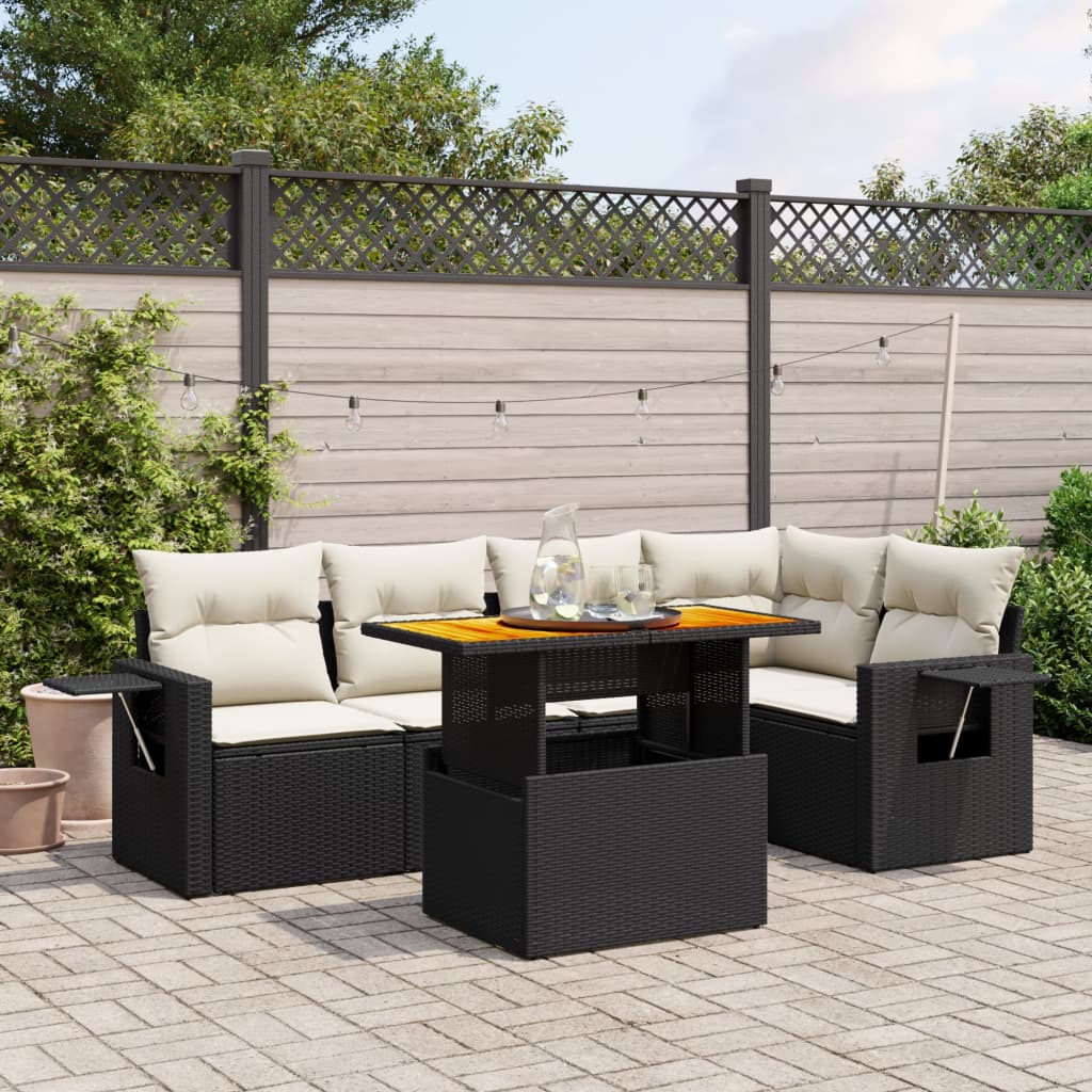 6-tlg. Garten-Sofagarnitur mit Kissen Schwarz Poly Rattan