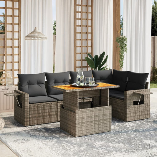 6-tlg. Garten-Sofagarnitur mit Kissen Grau Poly Rattan