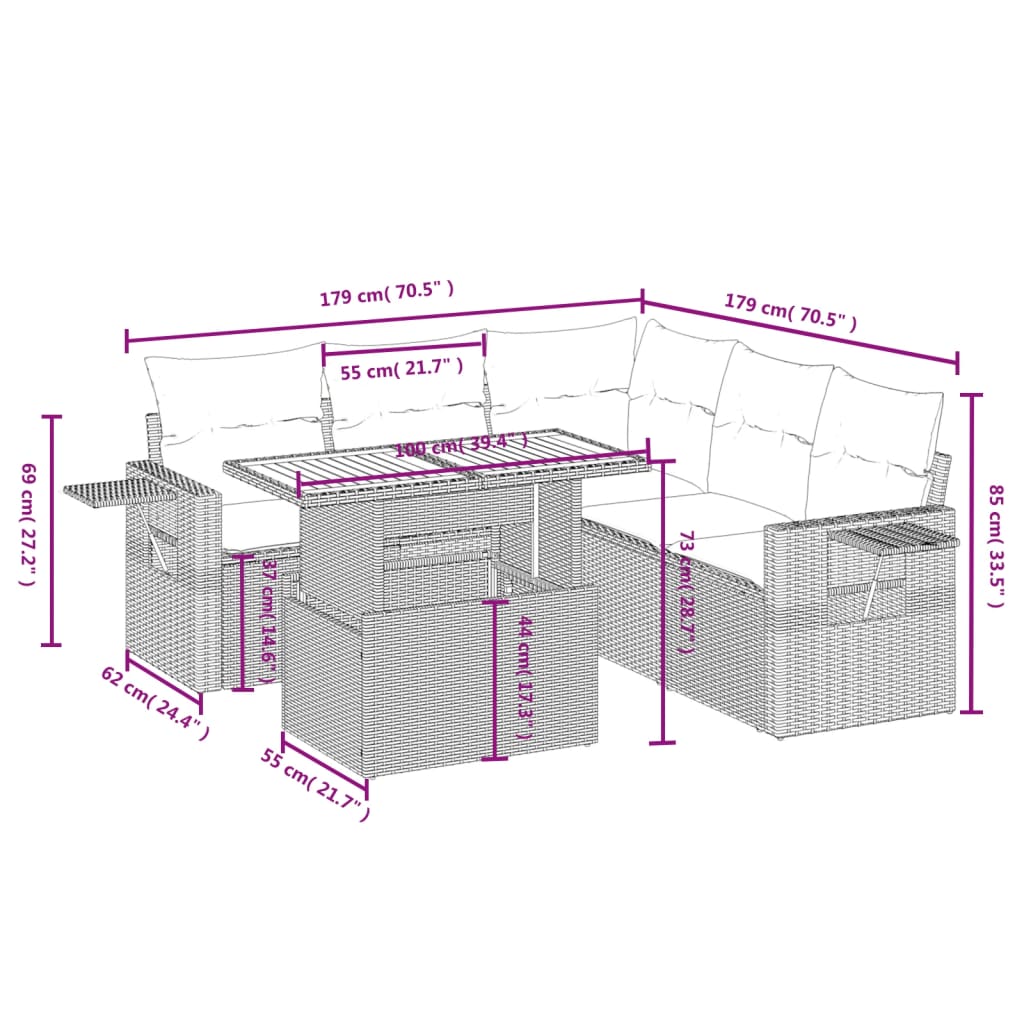 6-tlg. Garten-Sofagarnitur mit Kissen Grau Poly Rattan