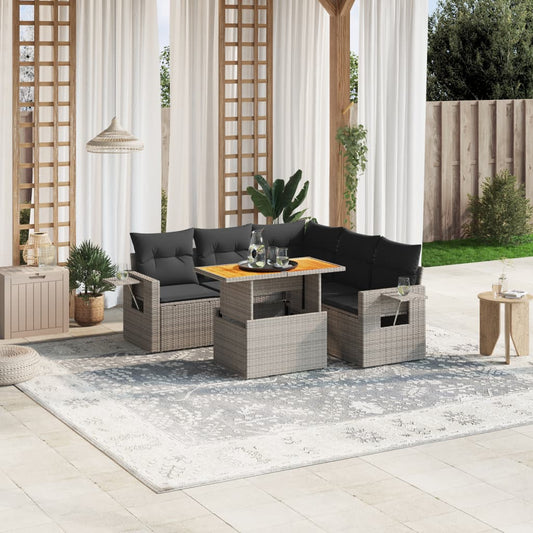 6-tlg. Garten-Sofagarnitur mit Kissen Grau Poly Rattan