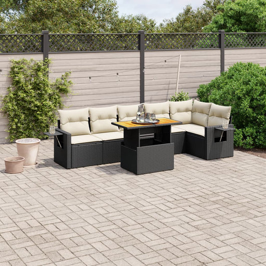 7-tlg. Garten-Sofagarnitur mit Kissen Schwarz Poly Rattan