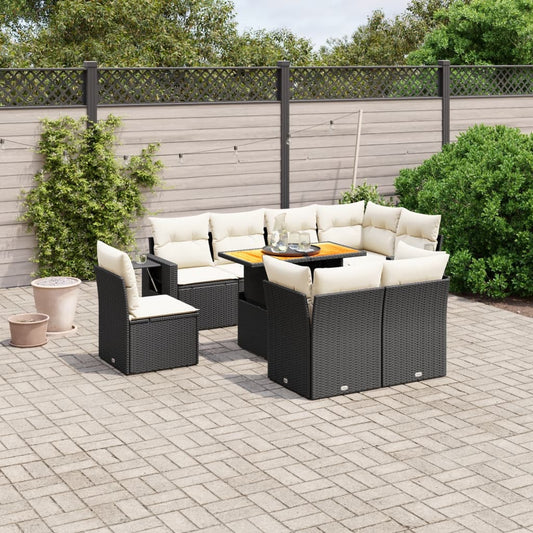 9-tlg. Garten-Sofagarnitur mit Kissen Schwarz Poly Rattan