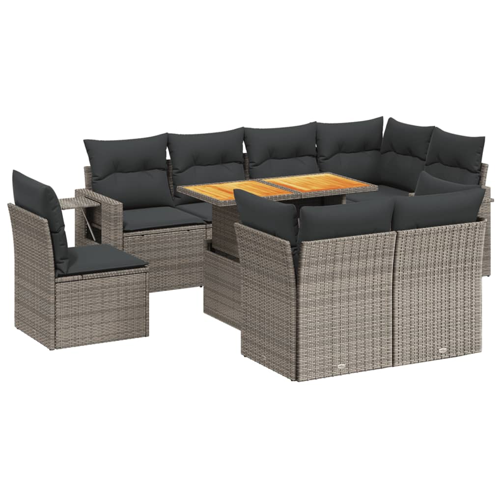 9-tlg. Garten-Sofagarnitur mit Kissen Grau Poly Rattan