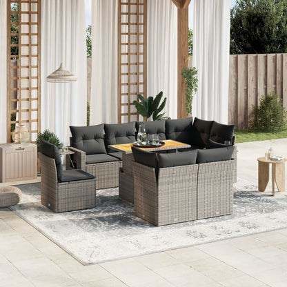 9-tlg. Garten-Sofagarnitur mit Kissen Grau Poly Rattan