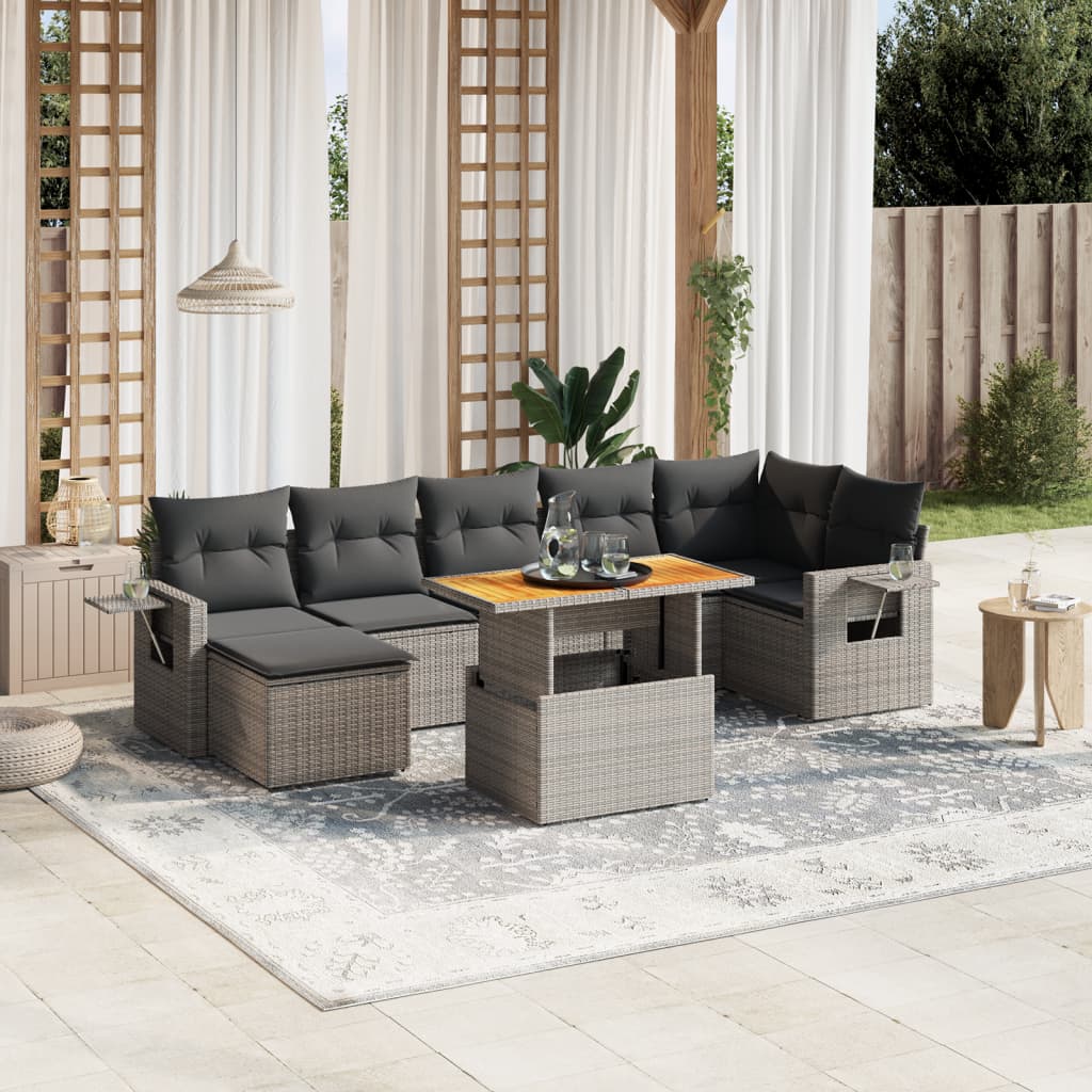 8-tlg. Garten-Sofagarnitur mit Kissen Grau Poly Rattan