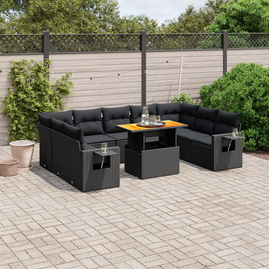 10-tlg. Garten-Sofagarnitur mit Kissen Schwarz Poly Rattan