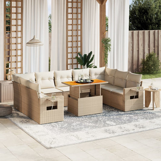 10-tlg. Garten-Sofagarnitur mit Kissen Beige Poly Rattan