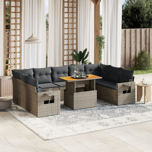 10-tlg. Garten-Sofagarnitur mit Kissen Grau Poly Rattan