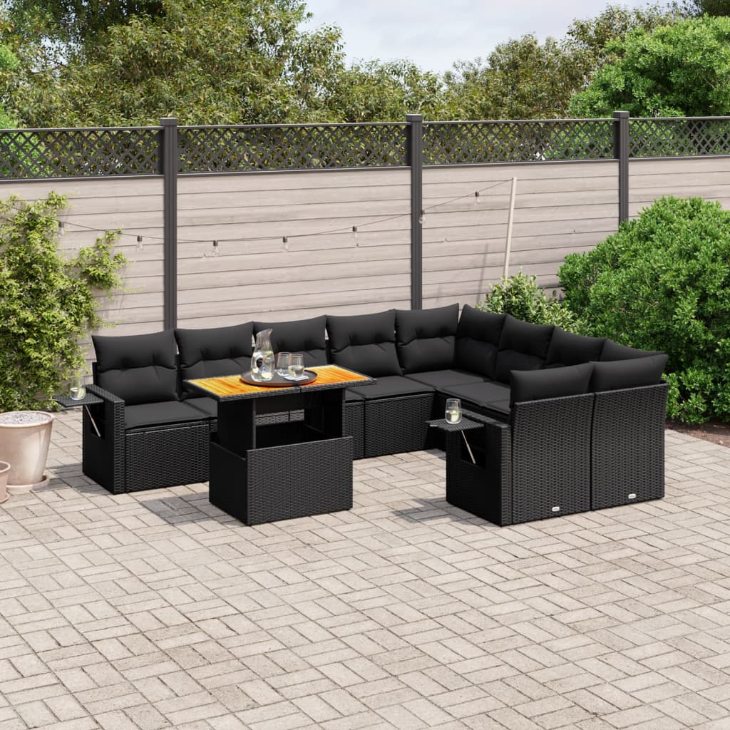 10-tlg. Garten-Sofagarnitur mit Kissen Schwarz Poly Rattan