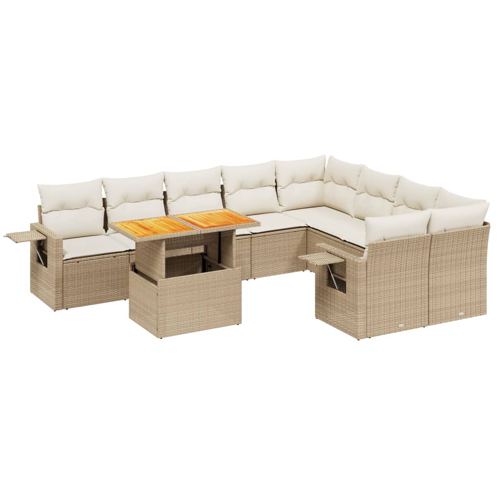 10-tlg. Garten-Sofagarnitur mit Kissen Beige Poly Rattan