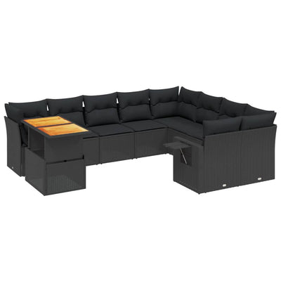 10-tlg. Garten-Sofagarnitur mit Kissen Schwarz Poly Rattan