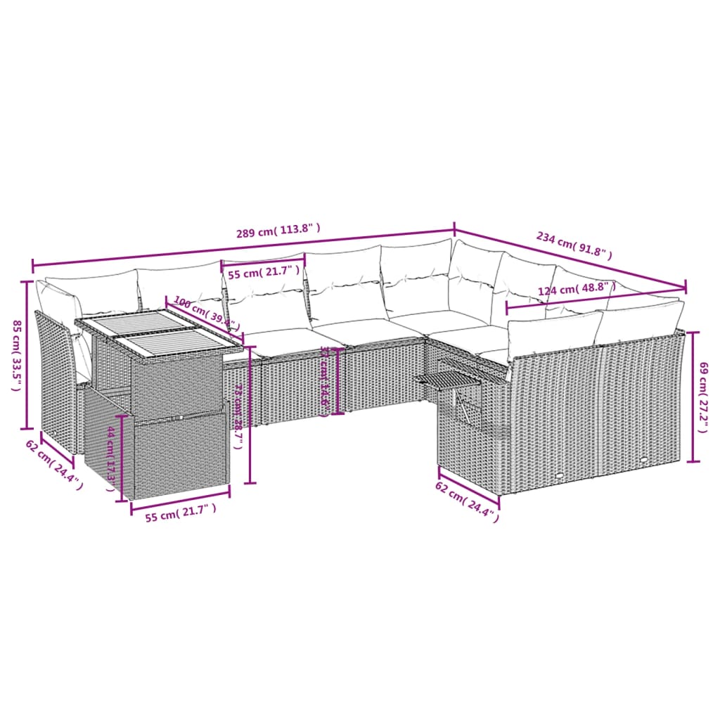 10-tlg. Garten-Sofagarnitur mit Kissen Schwarz Poly Rattan