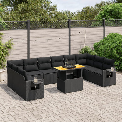 11-tlg. Garten-Sofagarnitur mit Kissen Schwarz Poly Rattan