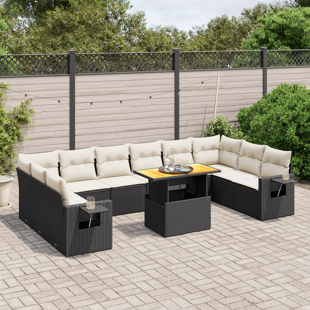 11-tlg. Garten-Sofagarnitur mit Kissen Schwarz Poly Rattan