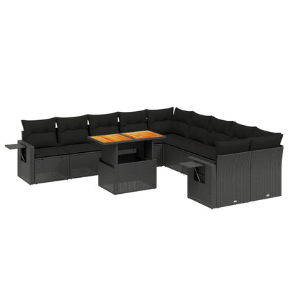 11-tlg. Garten-Sofagarnitur mit Kissen Schwarz Poly Rattan